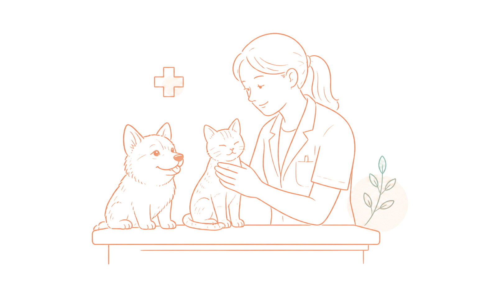 兽医照护猫咪与狗狗的线稿插画