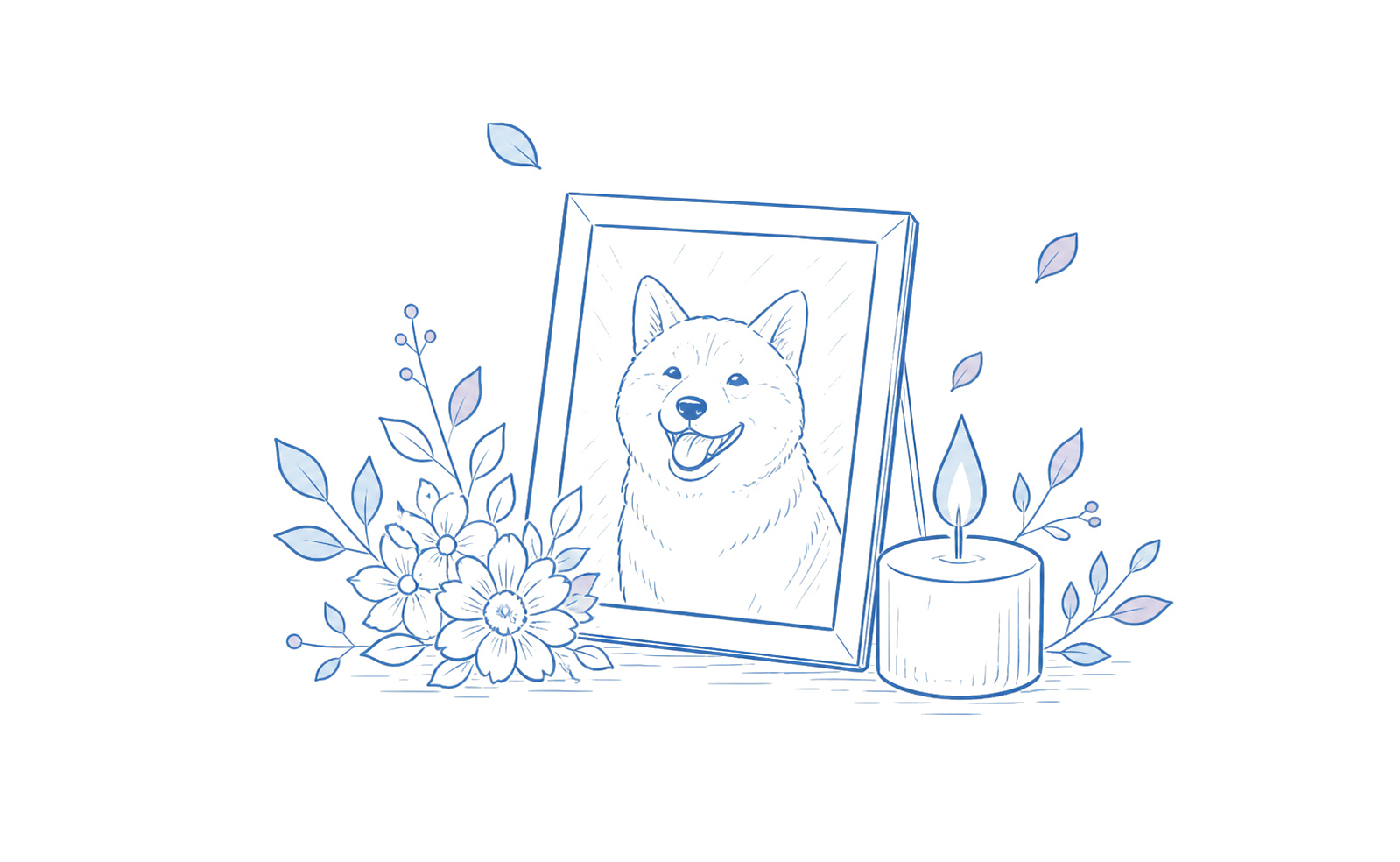 相框、鲜花与烛光组成的宠物纪念线稿插画