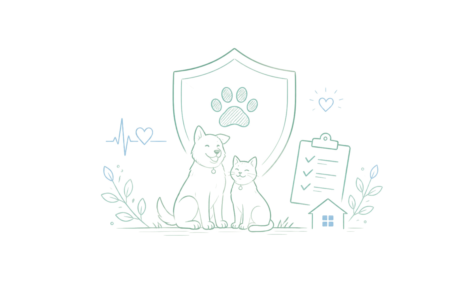 盾牌保护下的狗狗和猫咪线稿插画