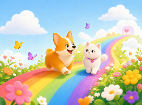 狗狗和猫咪在彩虹花路上一起奔跑玩耍